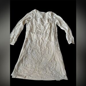 Express White Sheath Dress with Bishop Sleeves and V-neck